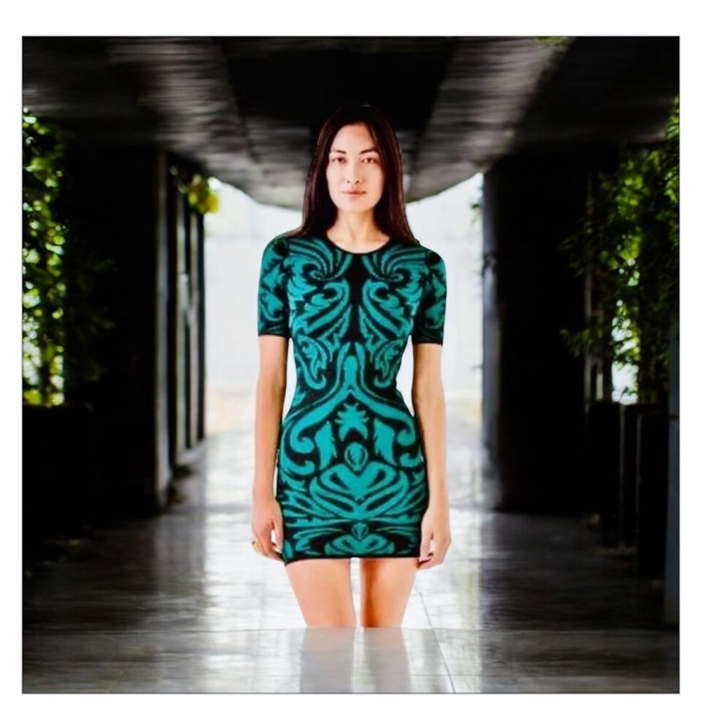 RED-SAKS FIFTH AVENUE BLACK TURQUOISE BROCADE KNIT SHIFTDRESS-EUC-SzM-Beautiful!